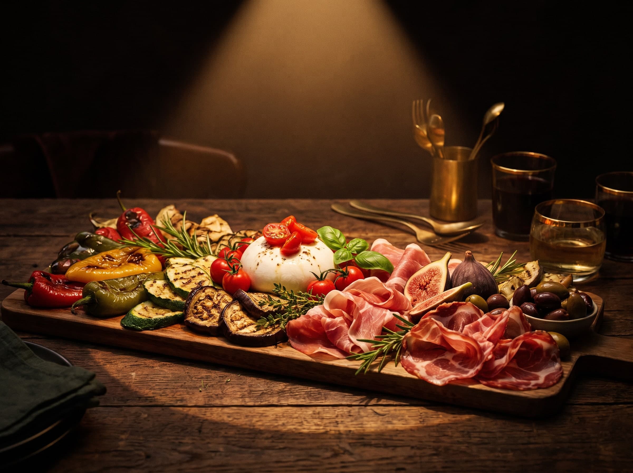 Brett mit gegrilltem Gemüse, Burrata, Schinken, Feigen und Oliven im warmen Licht