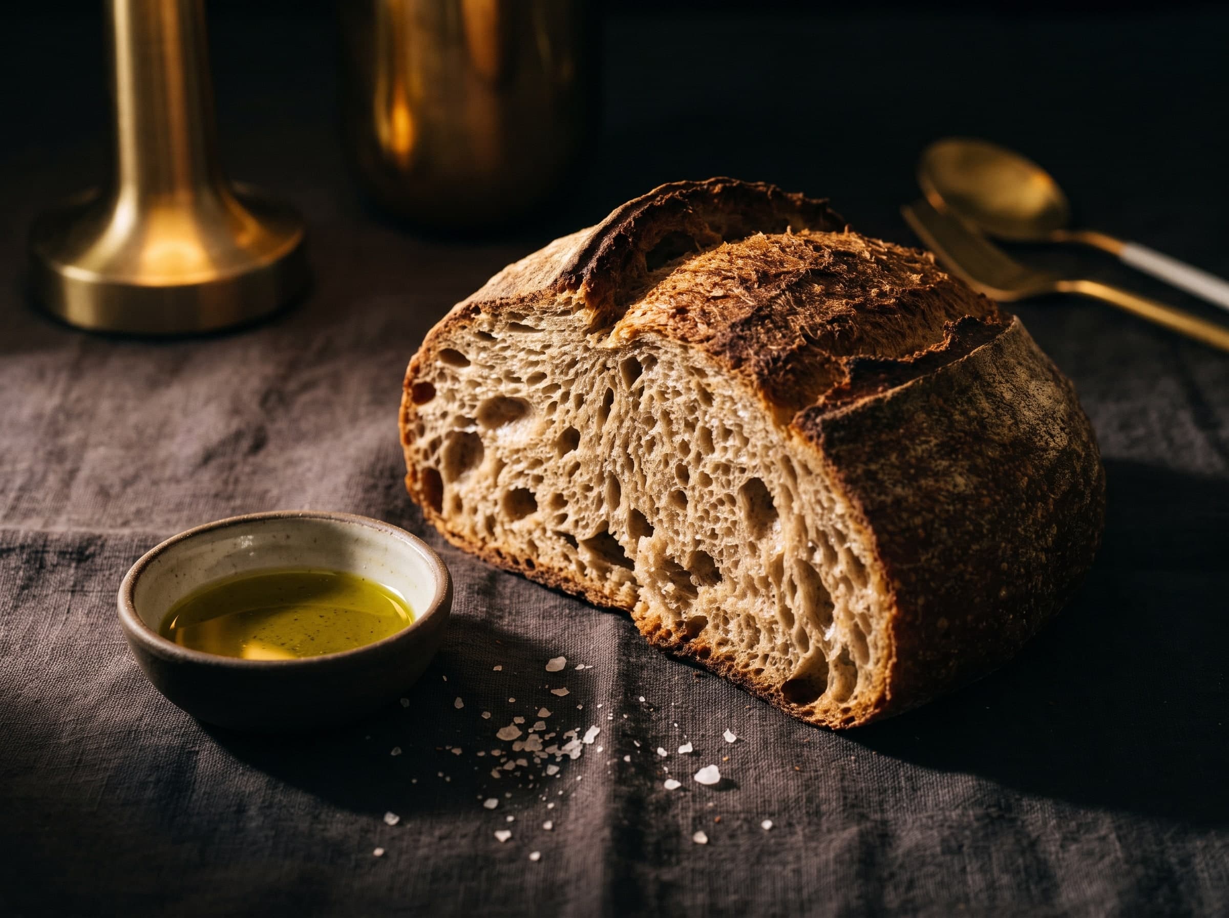 Aufgebrochenes Sauerteigbrot mit Olivenöl und Meersalz auf dunklem Leinen