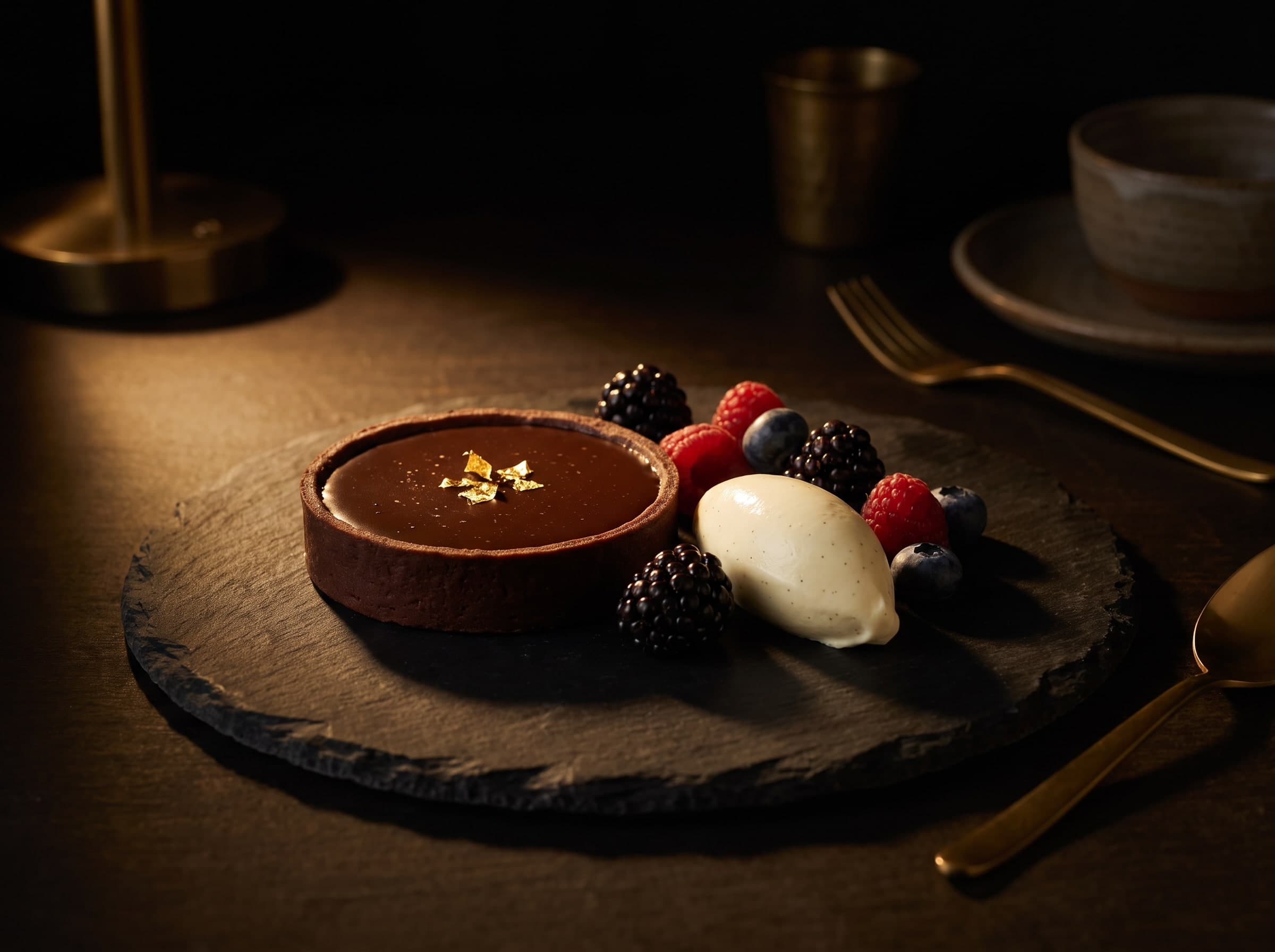 Schokoladentarte mit Blattgold, Vanillecreme und frischen Beeren auf einer Schieferplatte