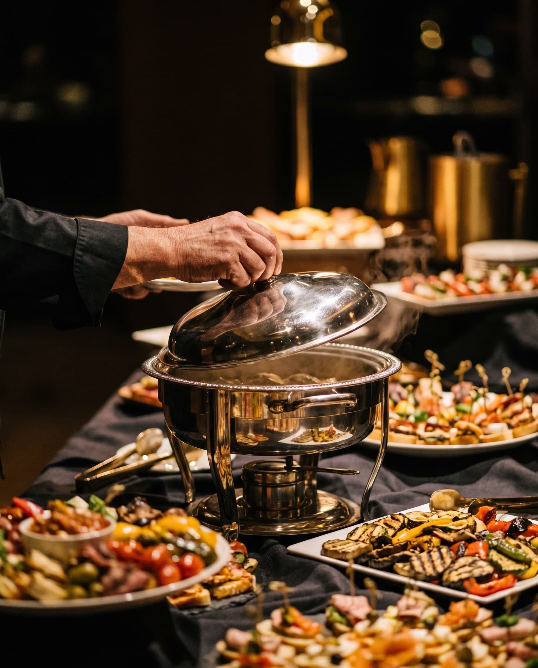 Hand hebt den Deckel eines silbernen Wärmebehälters an einem Buffet mit Antipasti-Platten