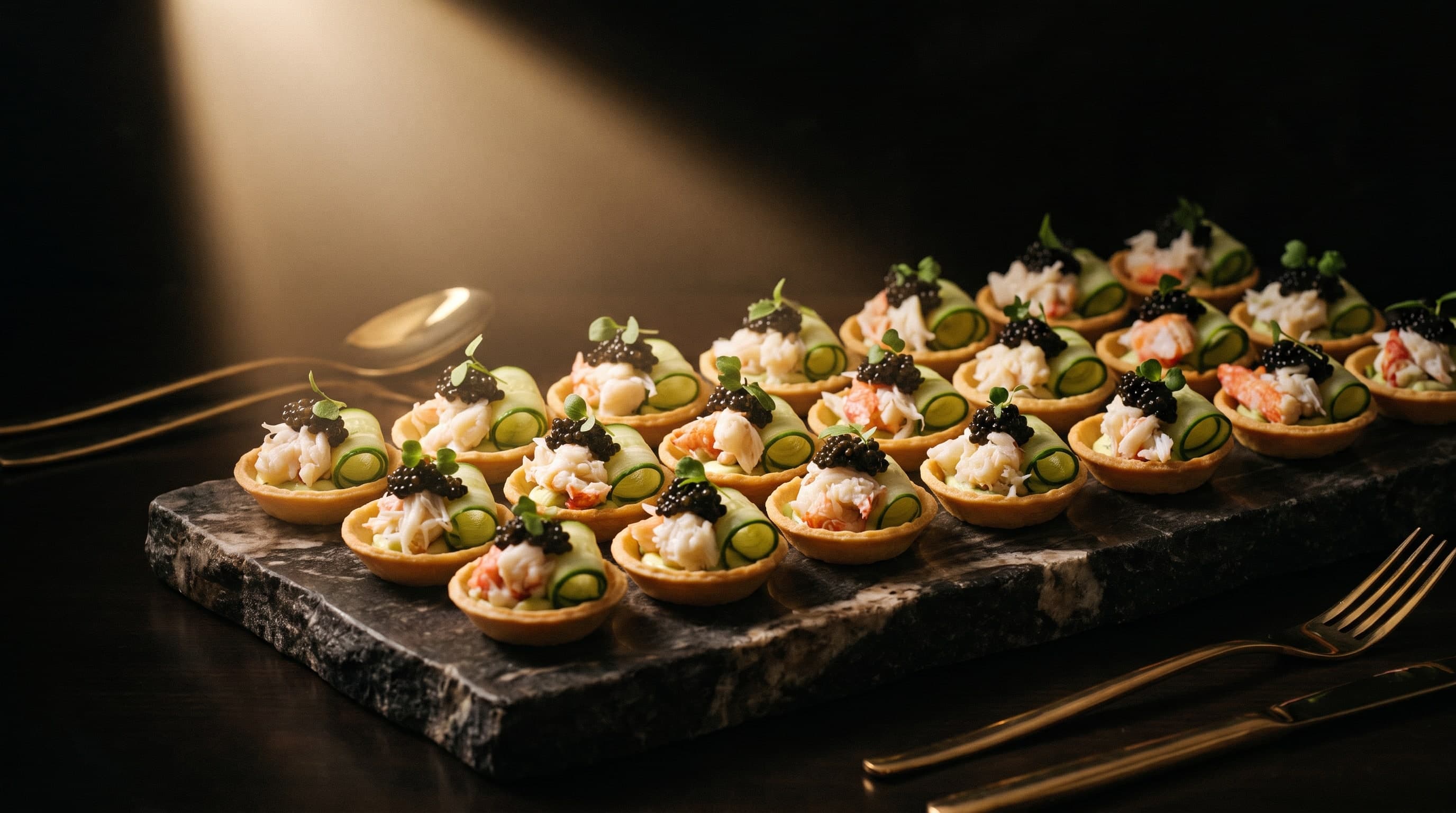 Reihen feiner Tartelettes mit Krabbe, Gurke und Kaviar auf einer dunklen Marmorplatte im Spotlight