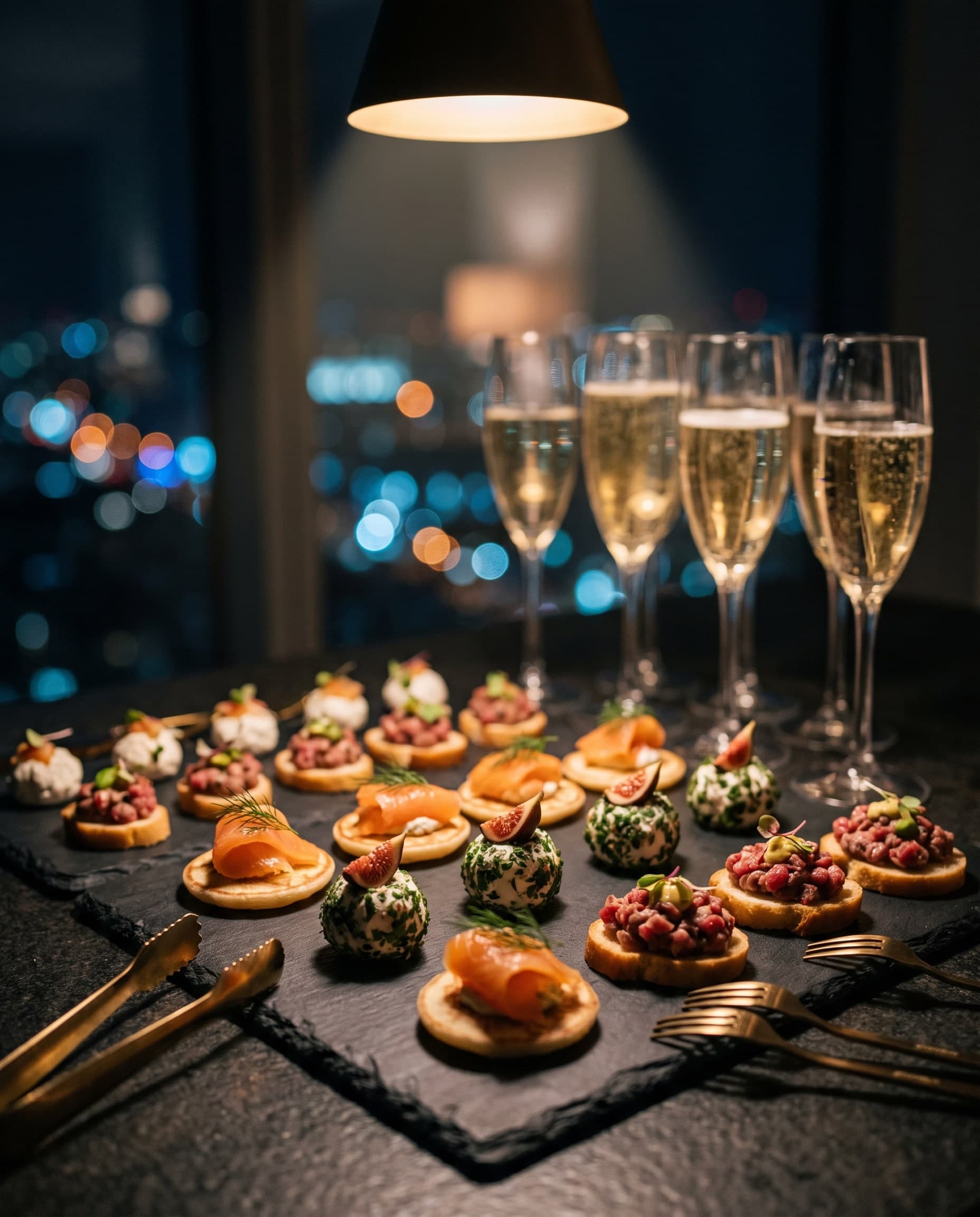 Canapés mit Lachs, Tatar und Feigen auf einer Schieferplatte, dahinter Champagnergläser und unscharfe Stadtlichter