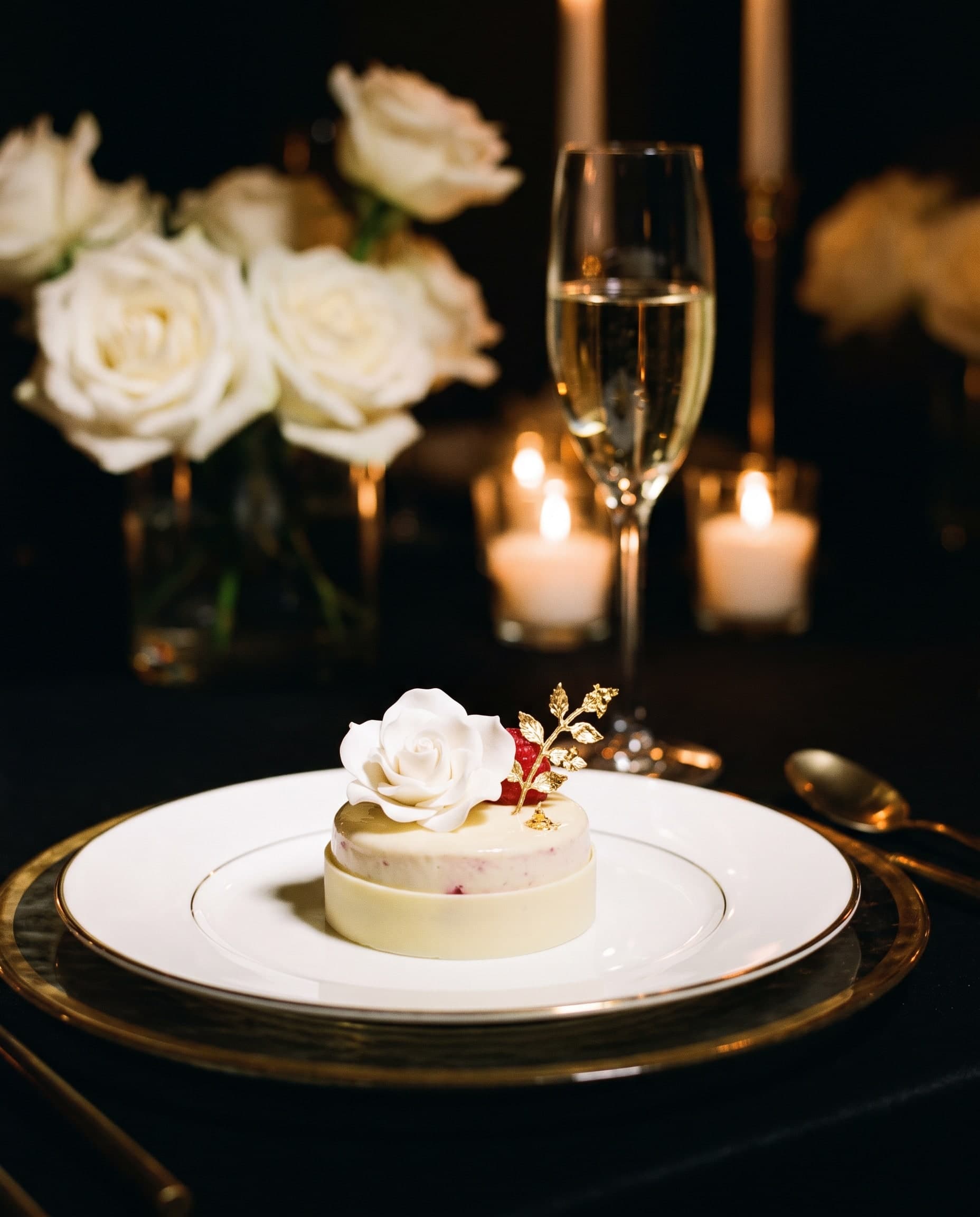 Törtchen aus weisser Schokolade mit Zuckerblüte auf Porzellan, dahinter Champagner, Kerzen und weisse Rosen