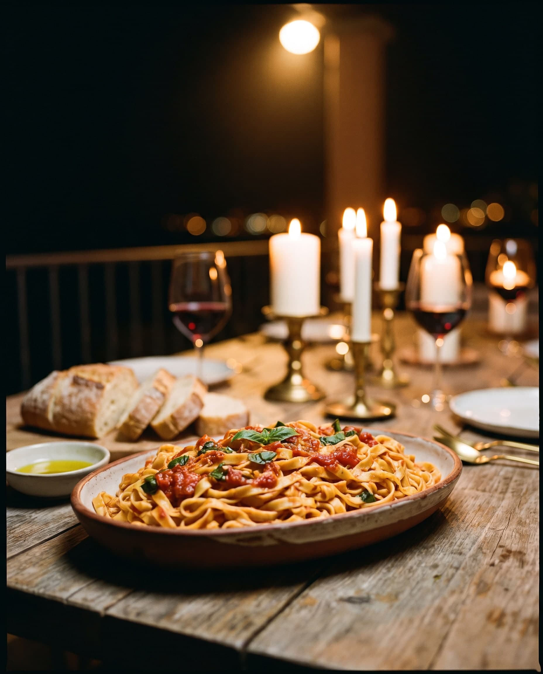 Grosse Schale mit frischer Pasta, Tomaten und Basilikum auf einer Terrasse bei Kerzenlicht