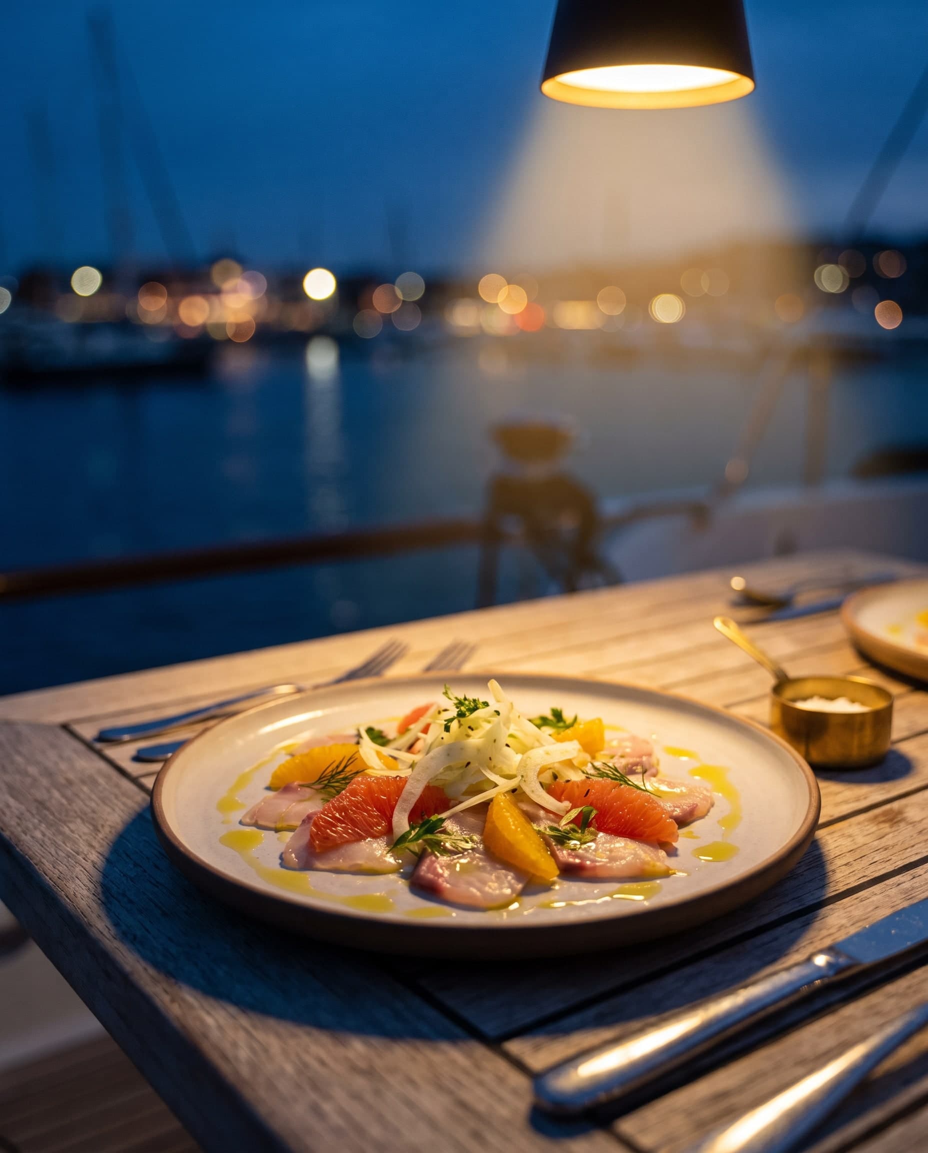 Teller mit rohem Fisch, Zitrusfrüchten und Olivenöl auf einem Teakholztisch an Deck, dahinter Hafenlichter