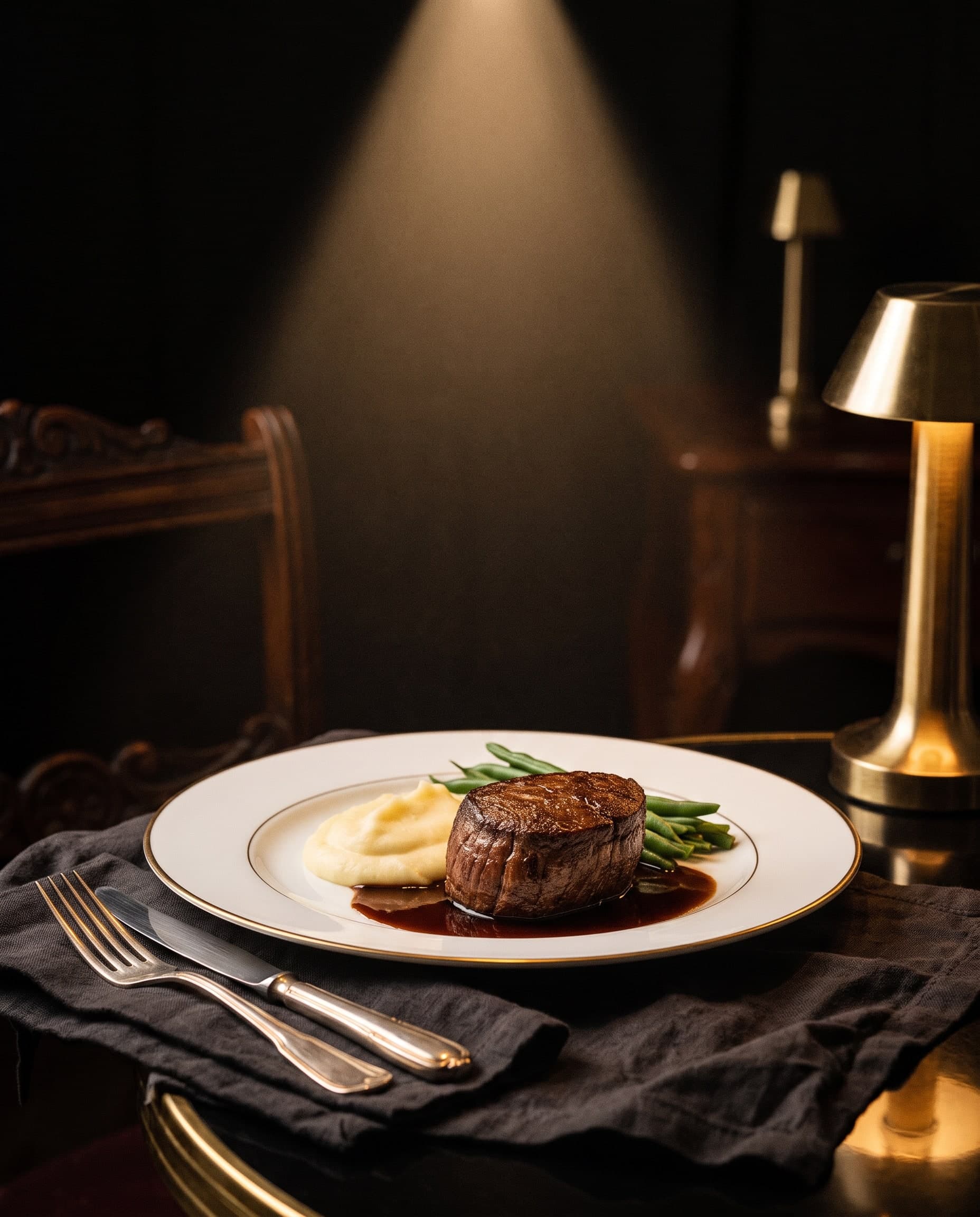 Rinderfilet mit glänzendem Jus, Kartoffelpüree und grünen Bohnen auf Porzellan mit Goldrand
