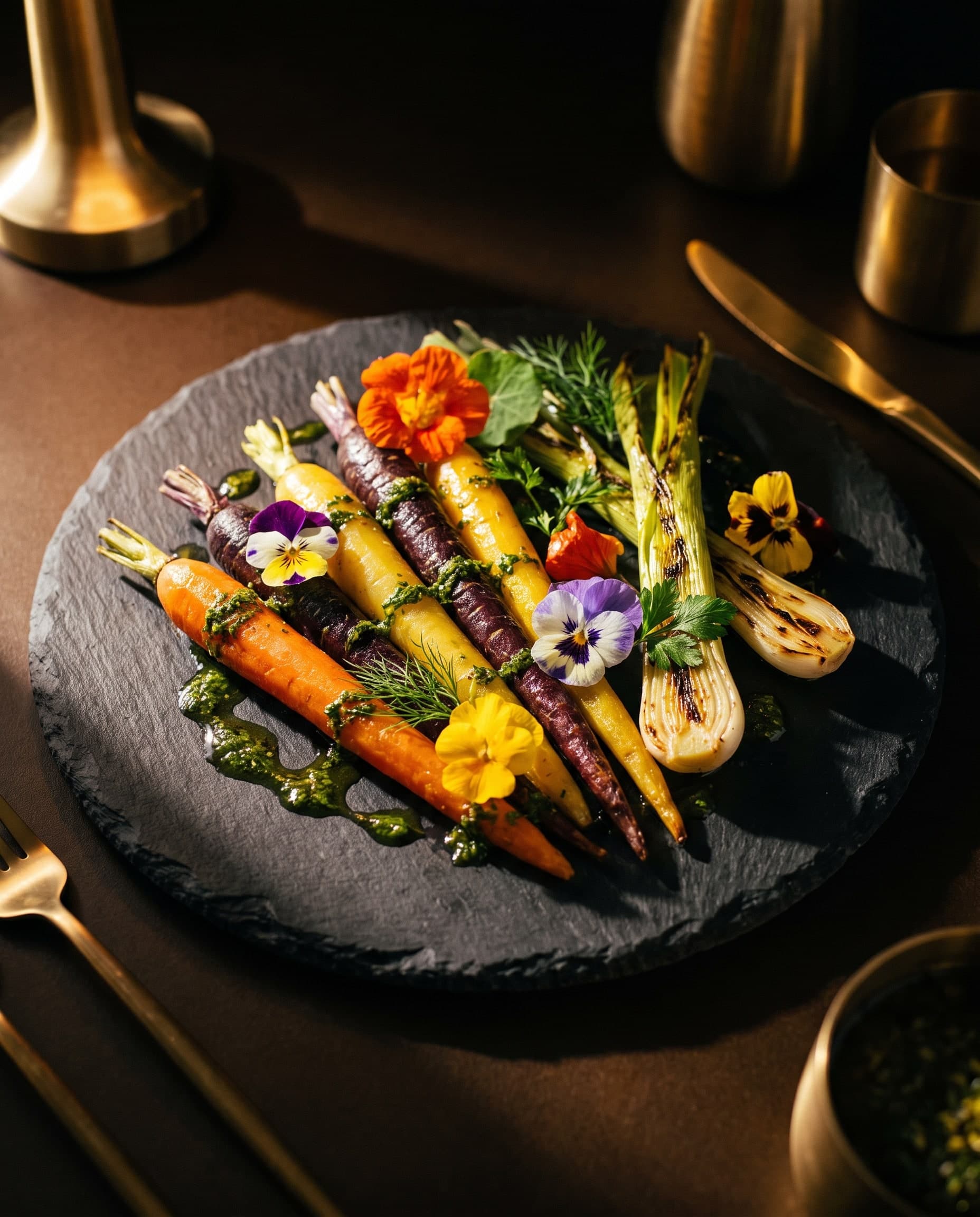 Geröstete bunte Karotten, gegrillter Lauch, Kräuteröl und essbare Blüten auf dunklem Schiefer