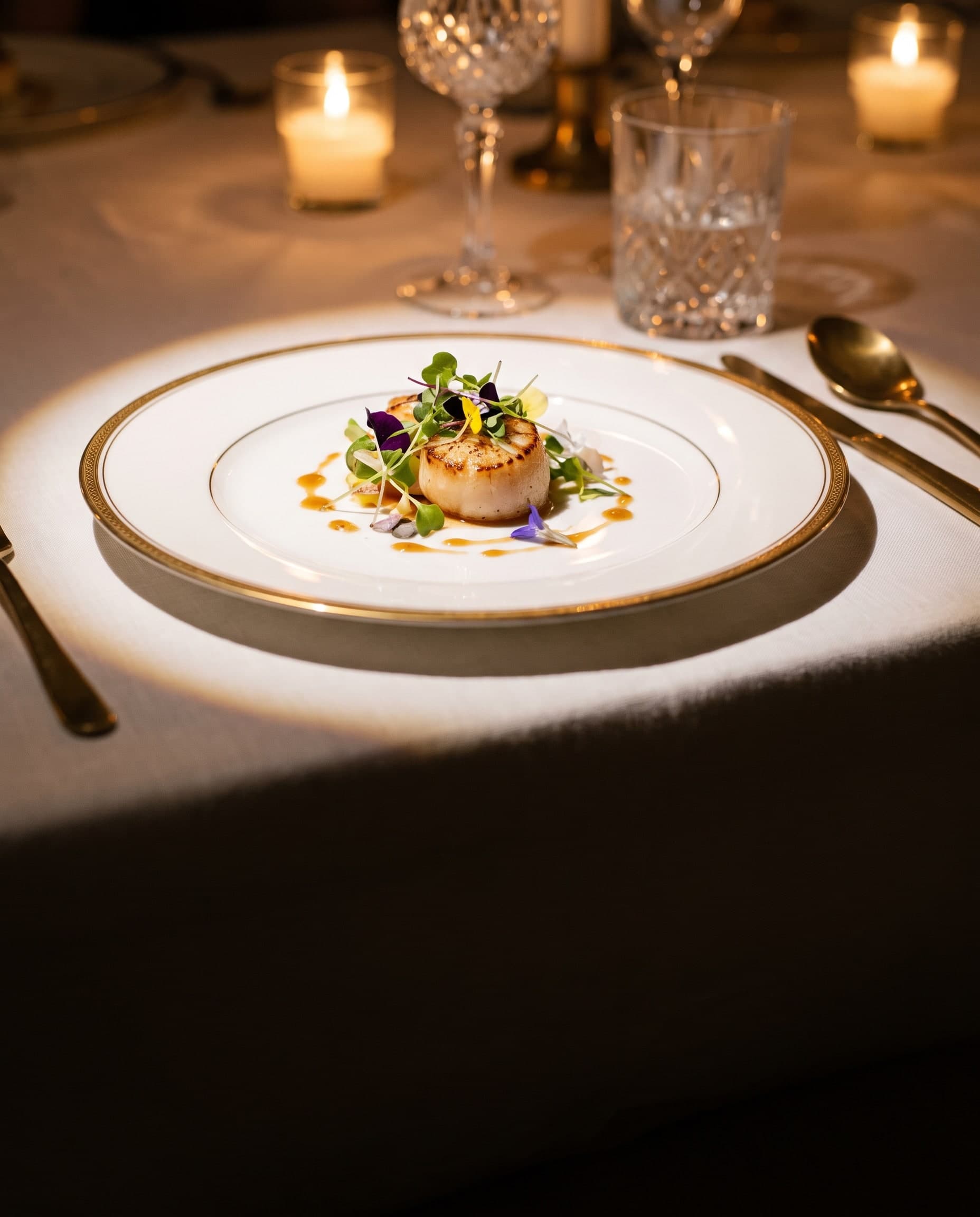 Gebratene Jakobsmuscheln auf Porzellan an einer weiss gedeckten Abendtafel mit Kerzen und Kristallgläsern