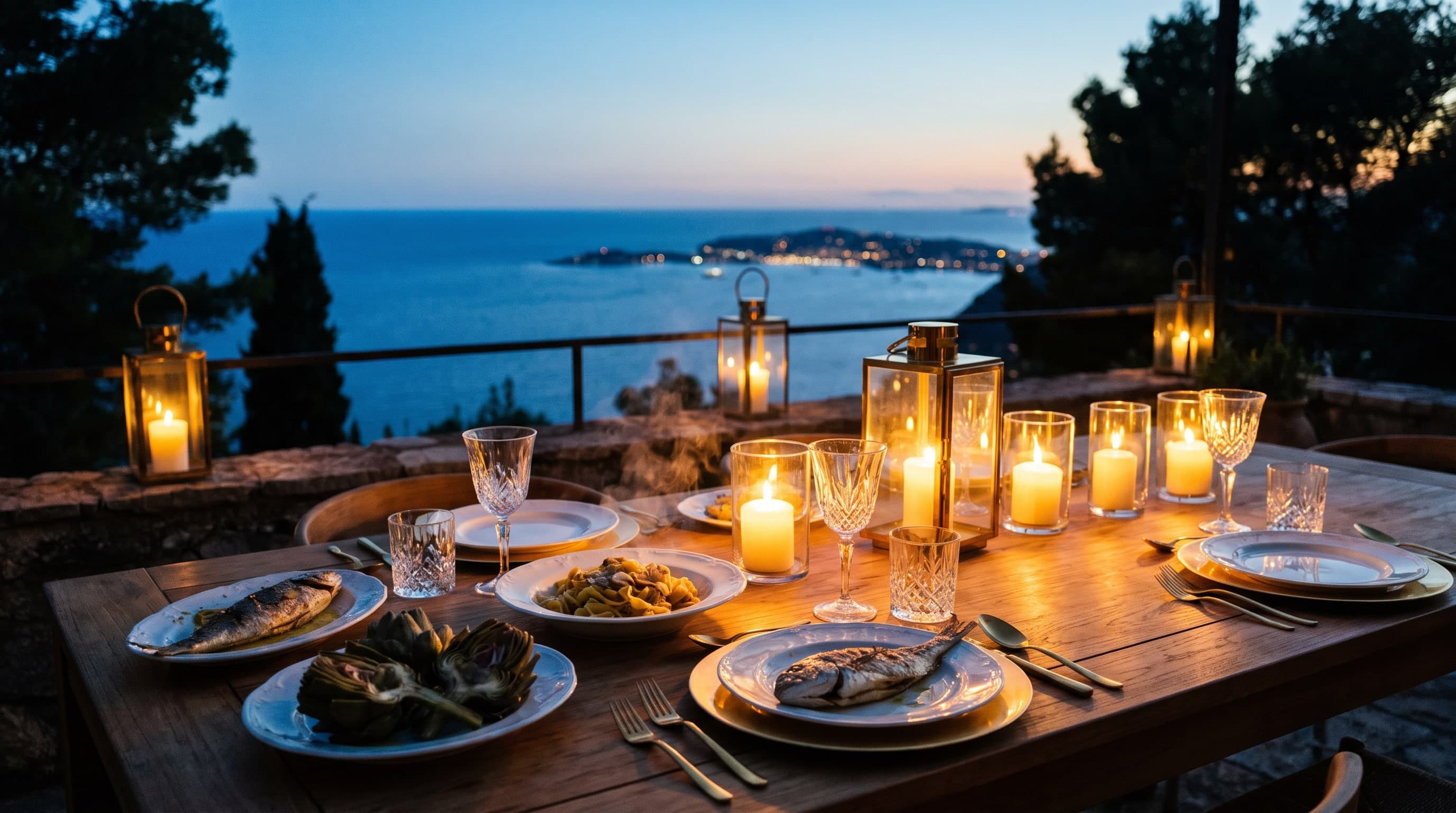 Kerzenbeleuchtete Tafel auf einer Terrasse über dem Meer zur blauen Stunde