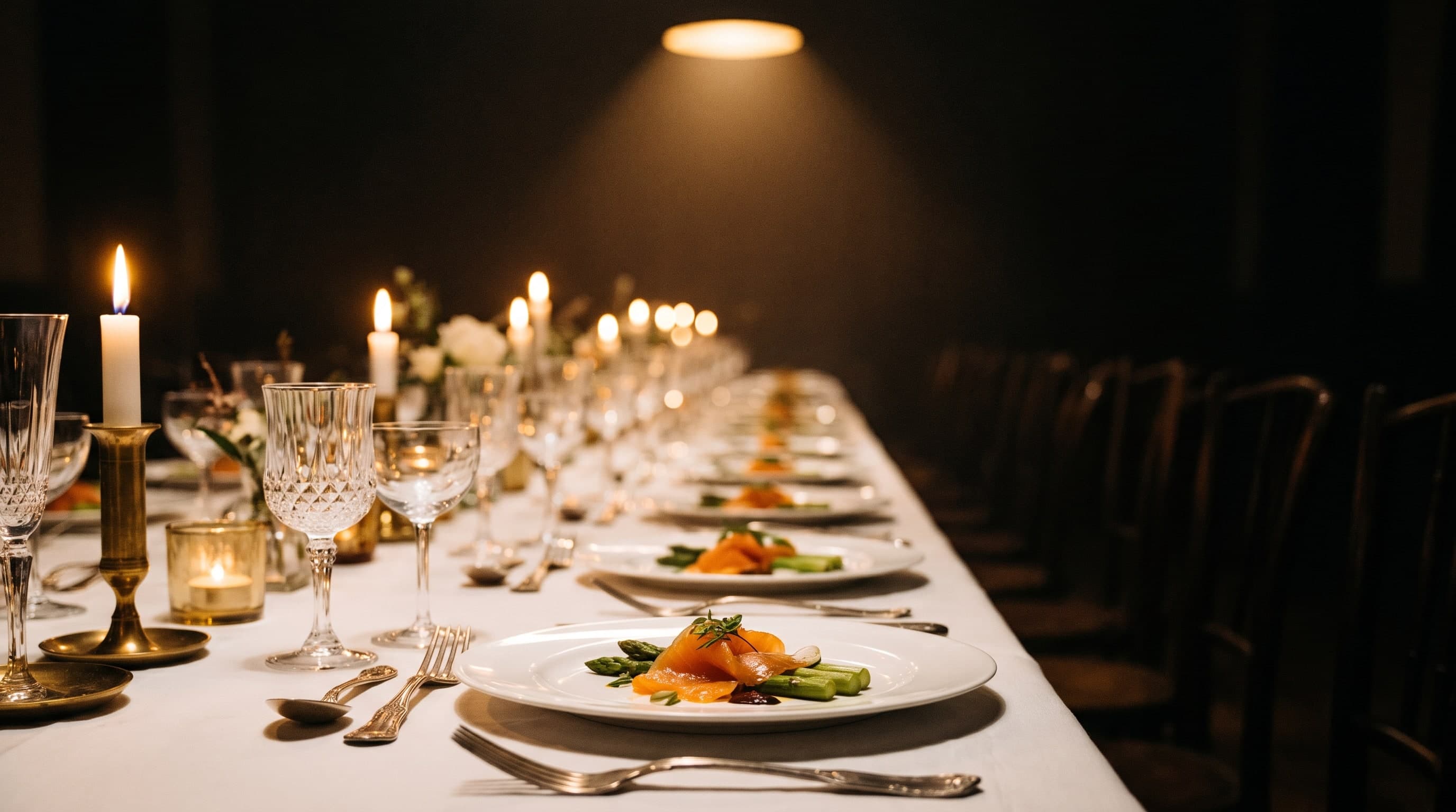 Lange Abendtafel mit weissem Leinen, Kristallgläsern, Kerzen und angerichteten Vorspeisen